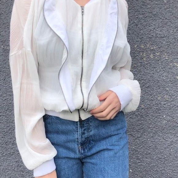 🤍 SUPERFINE Sheer White Ruffled Bomber Jacket - Picture 2 of 14